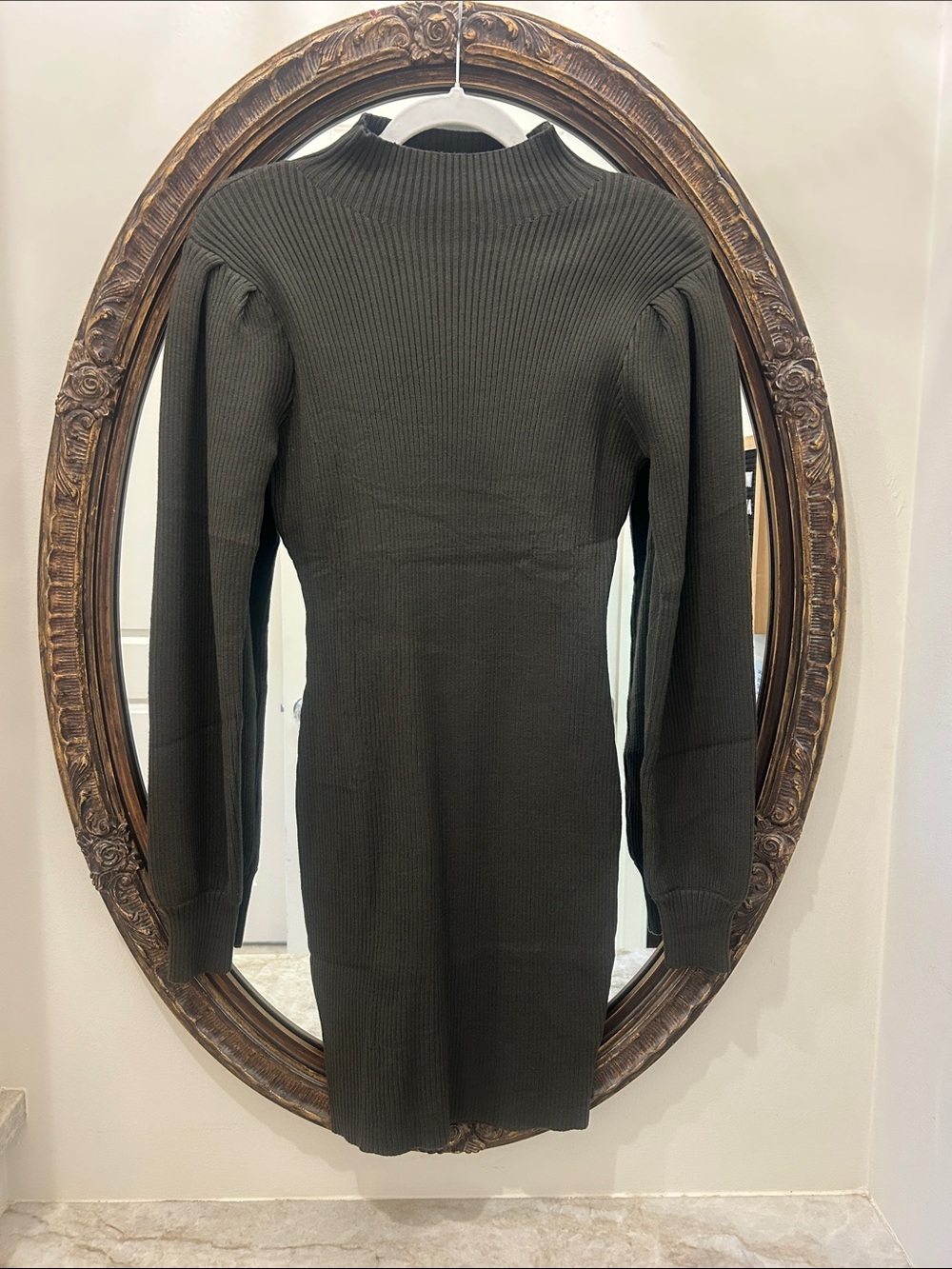 Slim Ribbed Long Sleeve Knit Dress in Olive
